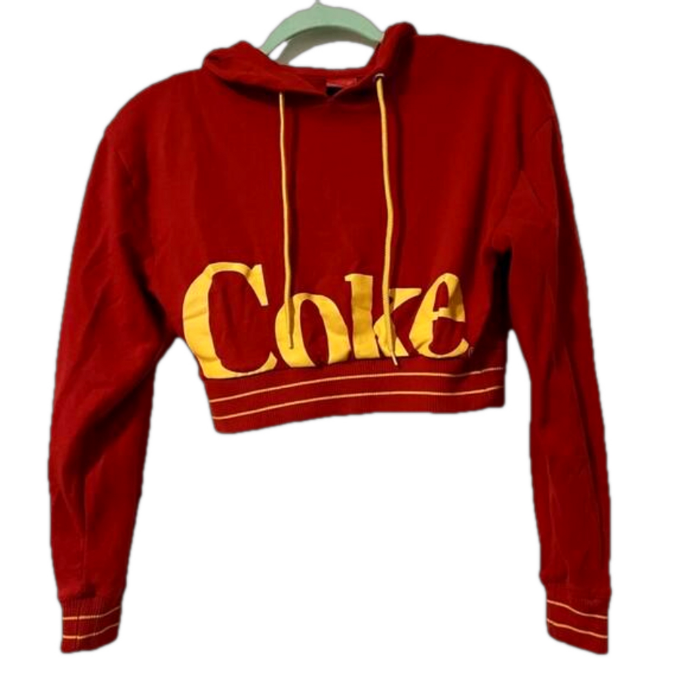 Coca Cola Ladies Crop Top Red Long Sleeve Hooded Drawstring Graphic Print M